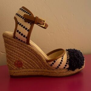 Tory Burch Cream and Blue Espadrille Wedges
